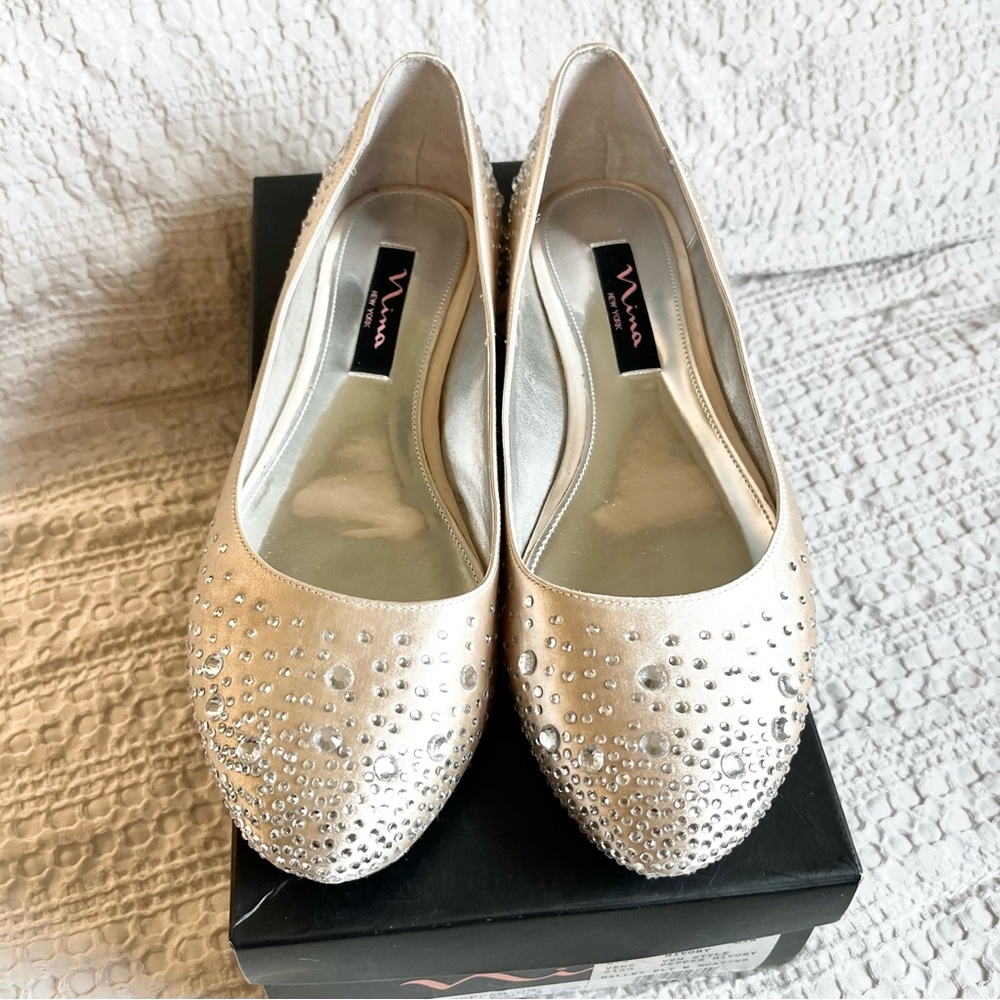 Nina New York Ivory Jolie Satin Rhinestone Ballet Flats